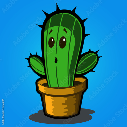 Cartoon cactus. A little funny cactus in a pot on a blue background. Child's illustration. vector.