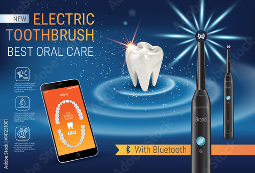 Electric toothbrush ads. Vector 3d Illustration with vibrant brush and mobile dental app on the screen of phone.