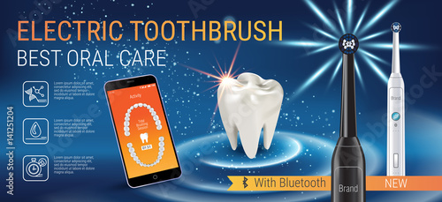 Electric toothbrush ads. Vector 3d Illustration with vibrant brush and mobile dental app on the screen of phone.