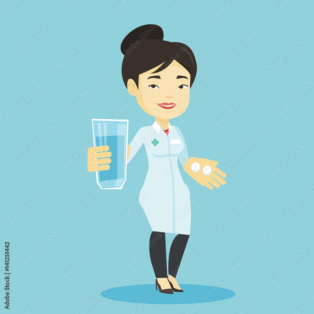 Pharmacist giving pills and glass of water. Pharmacist giving pills and glass of water.