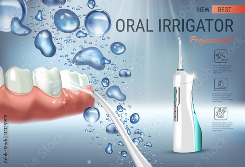 Electric Oral Irrigator ads. Vector 3d Illustration with Portable Water Pick Flosser.