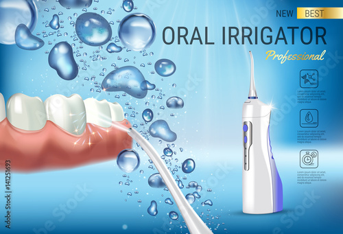 Electric Oral Irrigator ads. Vector 3d Illustration with Portable Water Pick Flosser.