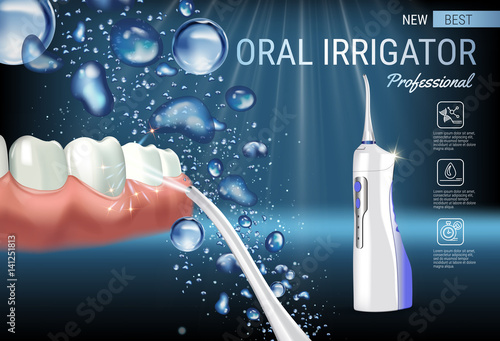 Electric Oral Irrigator ads. Vector 3d Illustration with Portable Water Pick Flosser.
