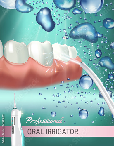 Electric Oral Irrigator ads. Vector 3d Illustration with Portable Water Pick Flosser.