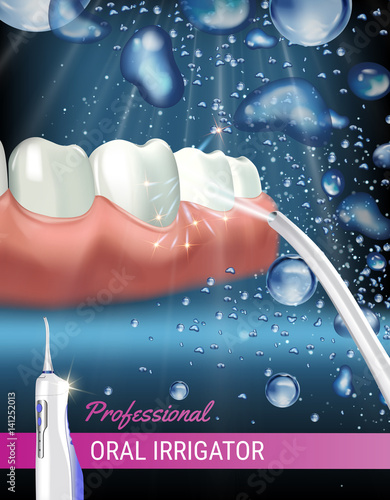 Electric Oral Irrigator ads. Vector 3d Illustration with Portable Water Pick Flosser.