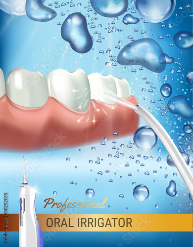 Electric Oral Irrigator ads. Vector 3d Illustration with Portable Water Pick Flosser.