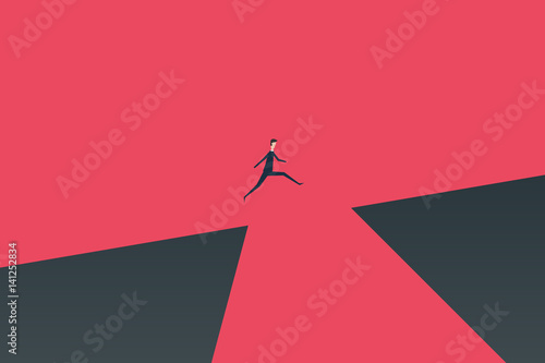 Minimalist stile. vector business finance. businessman jumping over chasm vector concept. Symbol of business success, challenge, risk, courage