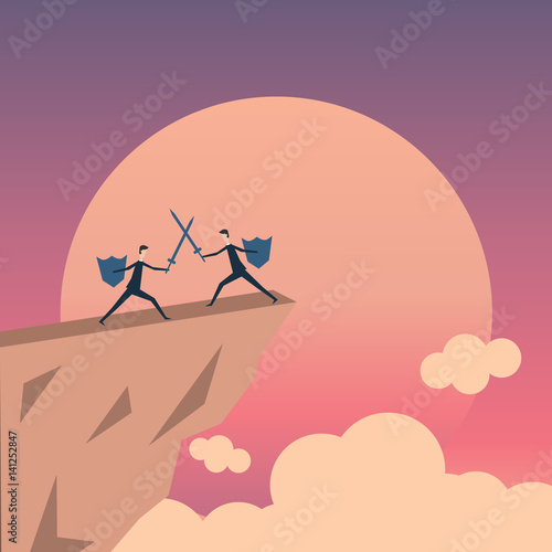 Minimalist stile. vector business finance.two business man fighting with sword