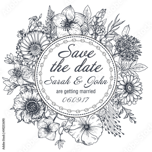 Save the date card with hand drawn flowers, leaves and branches