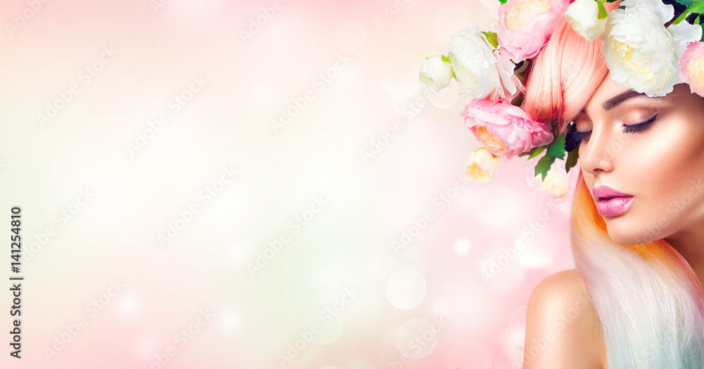 Spring woman blooming flowers wreath on her head. Flowers hairstyle