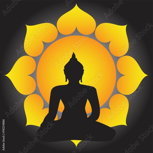 Sitting Buddha silhouette over sun background. Vector illustration. Vintage decorative composition. Indian, Buddhism, Spiritual motifs. Tattoo, yoga, spirituality.