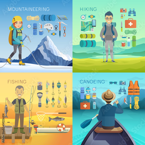 Camping, Hiking, Mountaineering, Fishing, Canoeing concepts.