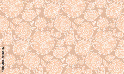 Pale color floral decorative seamless pattern inspired by Ukraine traditional embroidery. Two-color abstract flowers surface design for fabric, wrapping paper, print, background, wallpaper.
