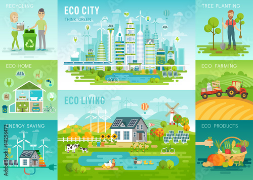 Eco set, recycling, planting trees, energy saving, eco farming themes.