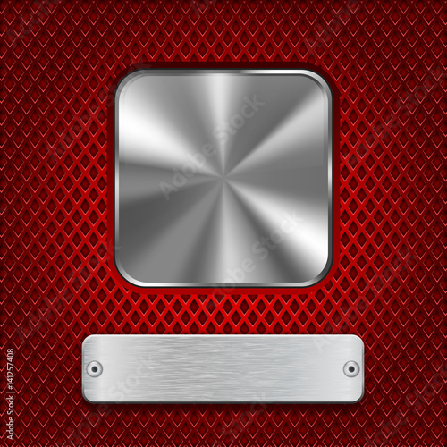 Metal square button with rectangle plate on red stainless steel perforated background. Diamond shape holes