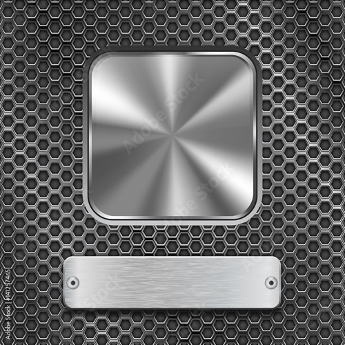 Metal square button with rectangle plate on stainless steel perforated background