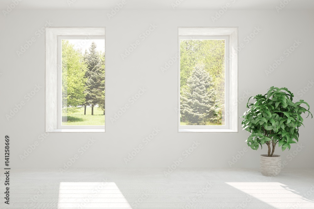 White empty room with green landscape in window. Scandinavian interior design. 3D illustration White empty room with green landscape in window. Scandinavian interior design. 3D illustration