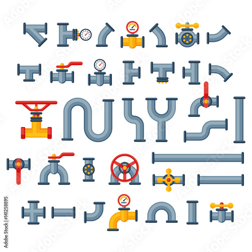 Details pipes different types collection of water tube industry gas valve construction and oil industrial pressure technology plumbing vector illustration.