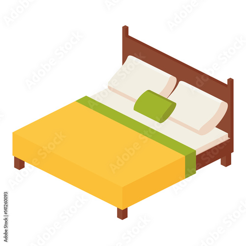 isometric vector illustration double mattress one king size bed with mattress and a high back: two pillows and one decorative pillow Comforter.vector illustration isolated on white background