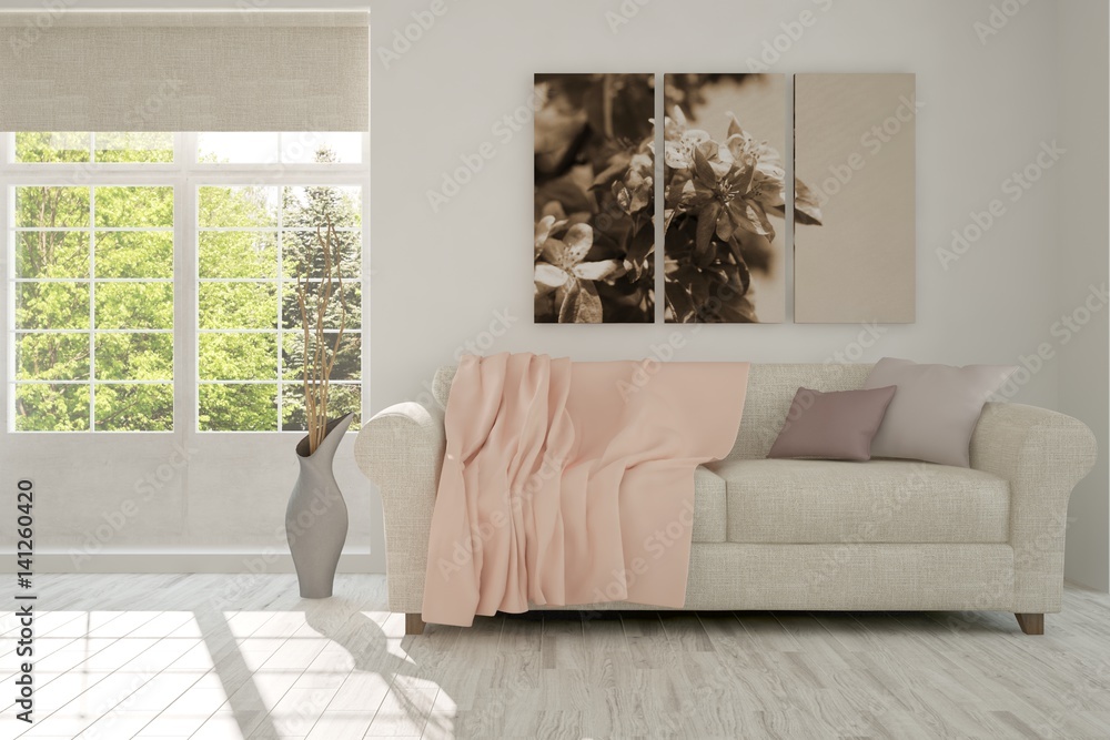 Fototapeta premium White room with sofa and green landscape in window. Scandinavian interior design. 3D illustration