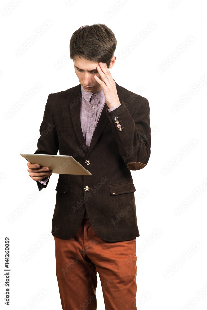 Portrait of handsome man thinking and looking business with a tablet in hand isolated Portrait of handsome man thinking and looking business with a tablet in hand isolated