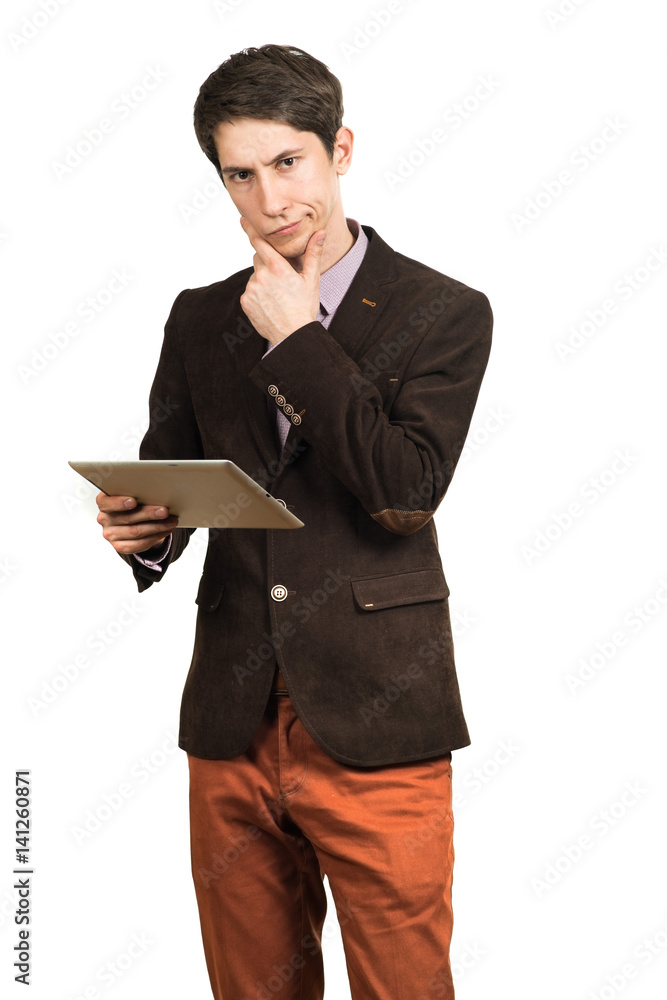 Portrait of handsome man thinking and looking business with a tablet in hand isolated Portrait of handsome man thinking and looking business with a tablet in hand isolated