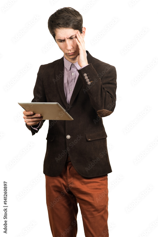 Portrait of handsome man thinking and looking business with a tablet in hand isolated Portrait of handsome man thinking and looking business with a tablet in hand isolated