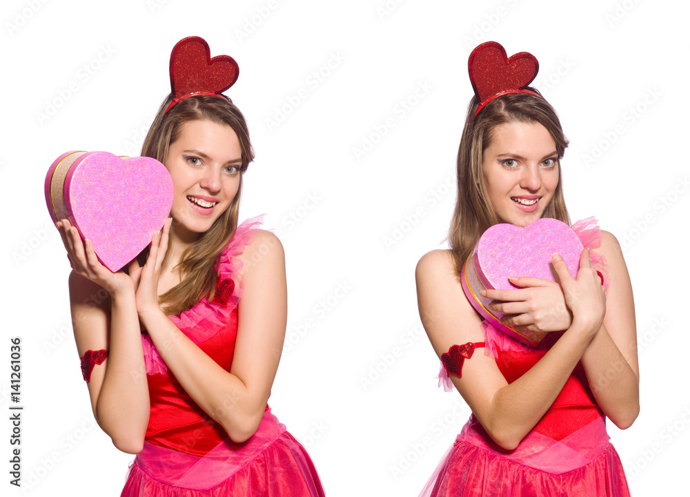 Girl in pretty pink dress with gift box isolated on white Girl in pretty pink dress with gift box isolated on white