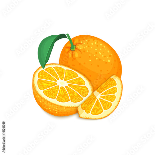 Fototapeta Naklejka Na Ścianę i Meble -  Composition of tropical orange fruits. Ripe vector citrus orange fruit whole and slice appetizing looking. Group of tasty juicy fruits for the packaging design of juice, breakfast, healthy food