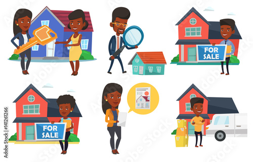 Vector set of real estate agents and house owners.