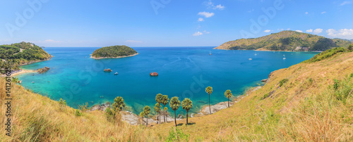 Landscape panorama view of Karon and Kata Beaches with blue sky background at  Phuket, Thailand.