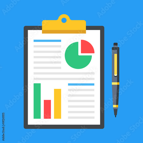 Financial report, business report concepts. Clipboard with financial data, charts, graphs and pen. Top view. Modern flat design graphic elements. Vector illustration