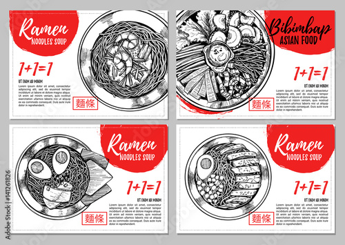 Hand drawn vector illustration. Brochures with illustrations of Asian food. Ramen and bibimbap. Perfect for restaurant brochure, cafe flyer, delivery menu. Ready-to-use design templates