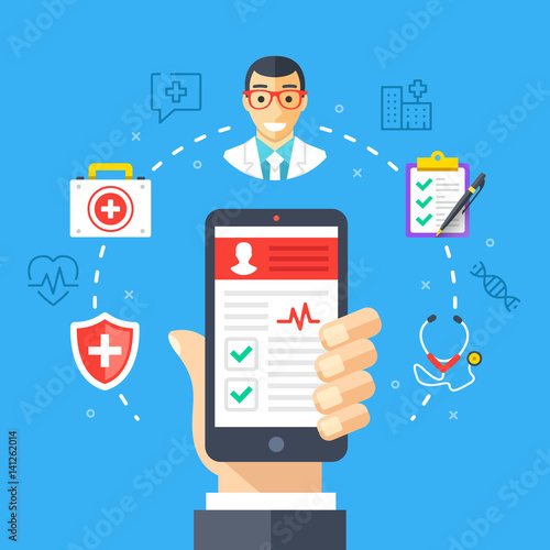 Mobile medicine, mhealth, online doctor. Hand holding smartphone with medical app. Modern flat design graphic concepts, thin line icons set. Vector illustration