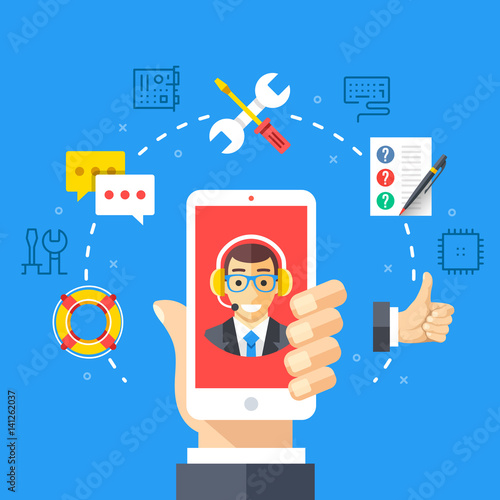 Contact support, customer service. Hand holding smartphone with technical support specialist. Flat design graphic concepts, thin line icons set. Vector illustration