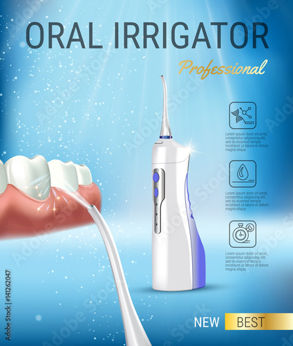 Electric Oral Irrigator ads. Vector 3d Illustration with Portable Water Pick Flosser.
