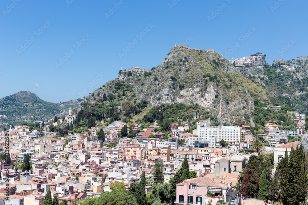 Aerial view of Taormina, historic city at the Sicilian coast