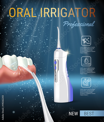 Electric Oral Irrigator ads. Vector 3d Illustration with Portable Water Pick Flosser.