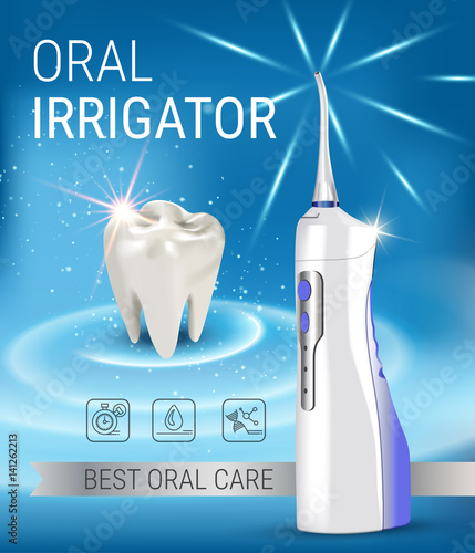 Electric Oral Irrigator ads. Vector 3d Illustration with Portable Water Pick Flosser.