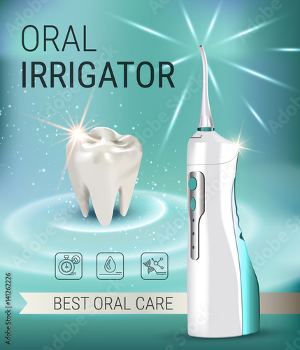 Electric Oral Irrigator ads. Vector 3d Illustration with Portable Water Pick Flosser.
