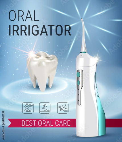 Electric Oral Irrigator ads. Vector 3d Illustration with Portable Water Pick Flosser.