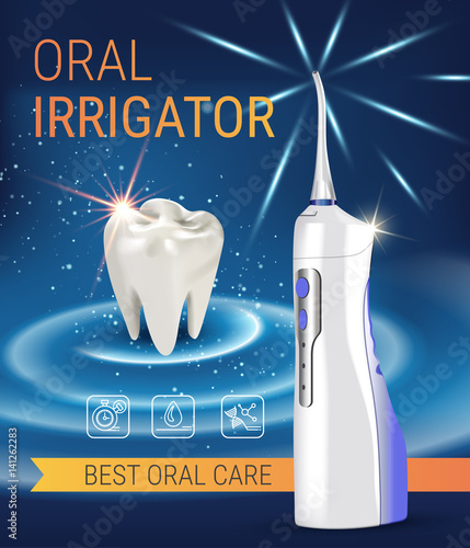 Electric Oral Irrigator ads. Vector 3d Illustration with Portable Water Pick Flosser.