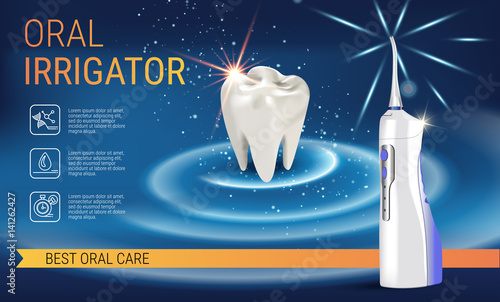 Electric Oral Irrigator ads. Vector 3d Illustration with Portable Water Pick Flosser.