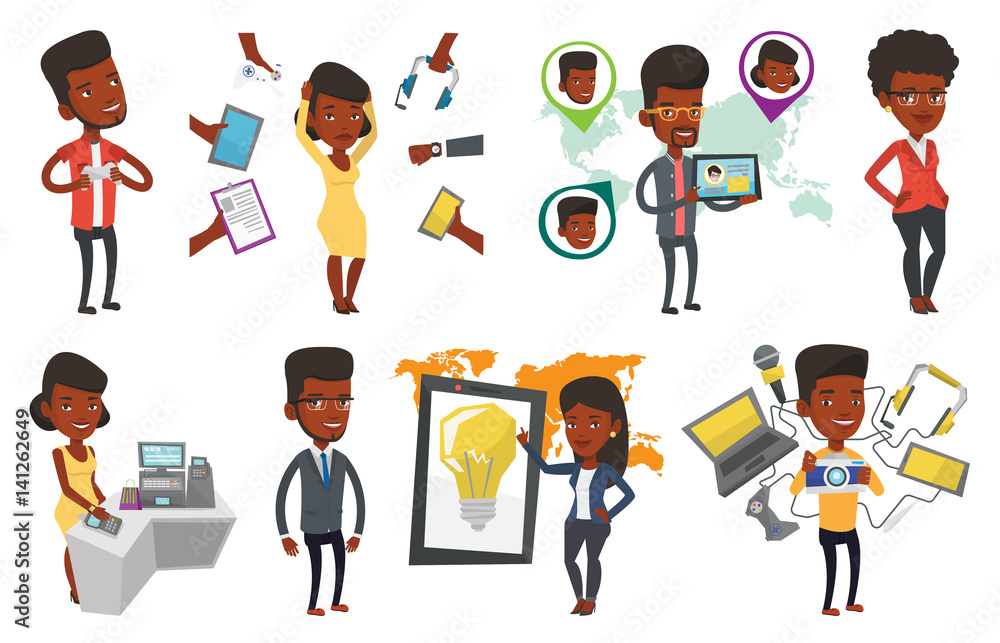Vector set of people using modern technologies. Vector set of people using modern technologies.