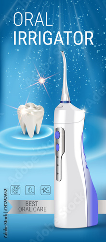 Electric Oral Irrigator ads. Vector 3d Illustration with Portable Water Pick Flosser
