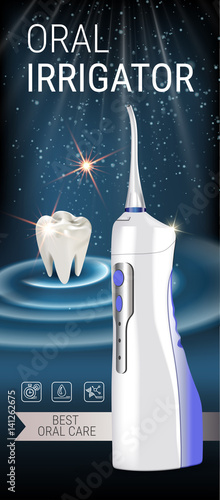 Electric Oral Irrigator ads. Vector 3d Illustration with Portable Water Pick Flosser