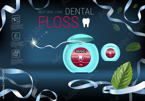 Dental floss ads. Vector 3d Illustration with tooth floss.