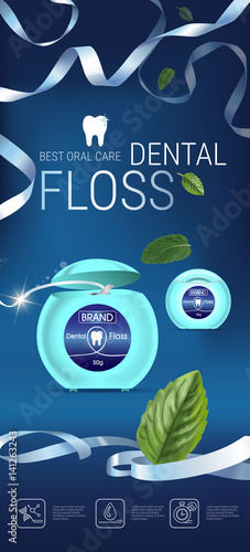 Dental floss ads. Vector 3d Illustration with tooth floss.