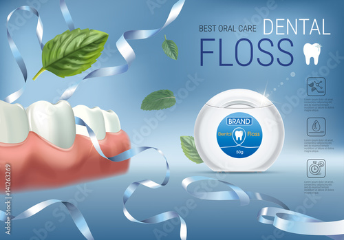 Dental floss ads. Vector 3d Illustration with tooth floss.