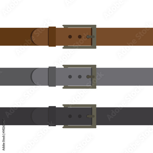 Three multi-colored belt insulated on white background. Fashionable modern accessory. Black gray and brown belt. Vector
